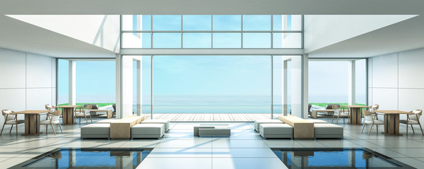 Wall Mural - 3d rendering Beach Villa Lobby and Living area sea view