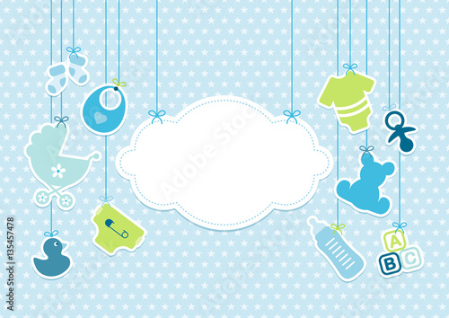 Cuadros en Lienzo Card Baby Boy Symbols Hanging Cloud Stars Blue