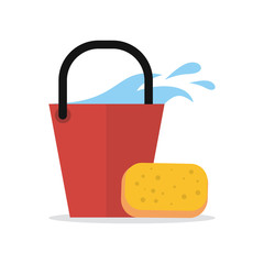 Wall Mural - Cleaning Web Banner. Bucket with Water and Sponge