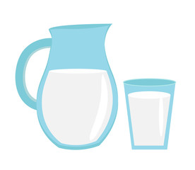 Wall Mural - Milk in jug of glass, glass with milk icon flat style. Isolated on white background. Vector illustration