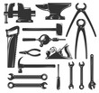 A set of silhouettes common workers hand tools - hammer, wrench, screwdriver and others. Vector illustration.