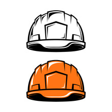 Construction, Industrial Helmet In Cartoon Style On White Background. Black And White And Color Versions. Vector Illustration.
