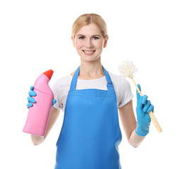 Wall Mural - Pretty adult woman with brush and bottle of detergent on white background