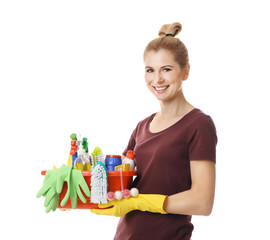 Wall Mural - Pretty adult woman with cleaning supplies on white background