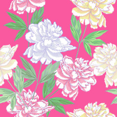  Green Seamless pattern  with peonies . Spring 