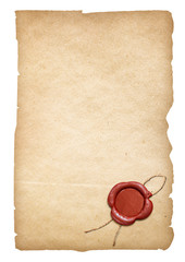 Wall Mural - Old parchment letter or paper with wax seal. Clipping path is included.