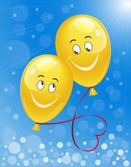 Blue sunny background with yellow happy balloons. Vector illustration.