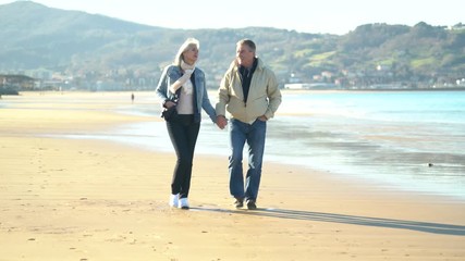 Wall Mural - Senior couple walking on a sandy beach in winter