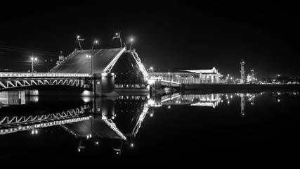 Wall Mural - Palace bridge drawing in Saint Petersburg, Russia at night. Illumination and lights, clear dark sky, black and white