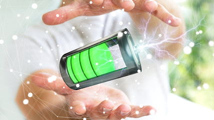 Poster - Man holding 3D render battery with lightning in his hand