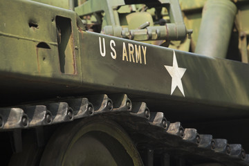 Tank close-up with text US Army on it. 