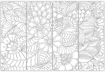 Wall Mural - Vector set of monochrome bookmarks and doodle flowers for coloring