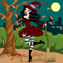 Halloween Witch Illustration With A Broomstick And Autumn Background