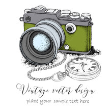 Hand Drawn Vintage Postcard. Camera With Pocket Watch On A Chainon. Vector Illustration