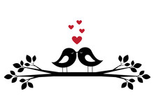 Silhouettes Cute Birds Kiss And Red Hearts