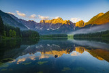 Fototapeta Krajobraz - panorama of mountain lake in the morning in the Julian Alps in Italy