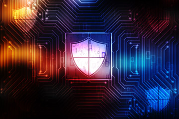 Security concept: pixelated shield icon on digital background, 3d render