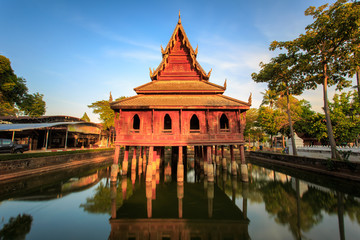 The library on stilts in Wat Thung Si Muang temple in Ubon Ratchatani in Isan, north eastern Thailand.