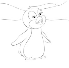 Funny and cute surprised outline little penguin in simple cartoon style. Page for art coloring book for kids. Vector illustration.