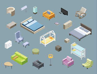 Vector isometric set of living room and bedroom furniture