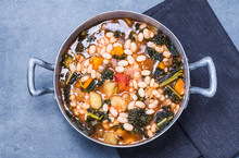 Soup With Beans, Kale, Top View. Typical Tuscan Soup, Ribollita.
