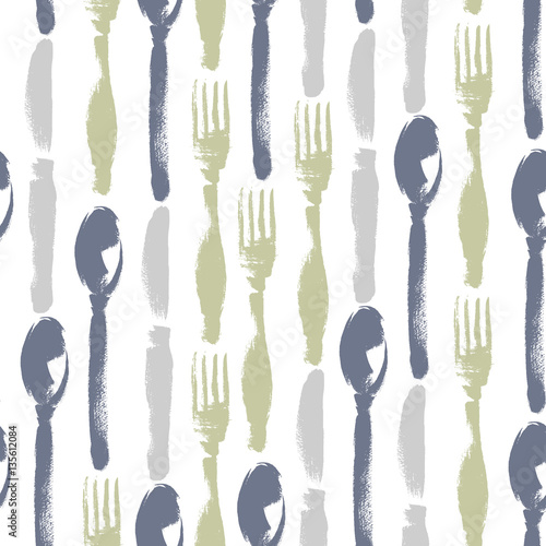 Fototapeta na wymiar Seamless pattern of knifes, forks, spoons. Hand drawn illustration. Background for restaurant menu.