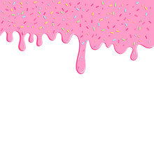 Background With Pink Donut Glaze. Many Decorative Sprinkles. Easy To Change Colors. Pattern Design For Banner, Poster, Flyer, Card, Postcard, Cover, Brochure. Vector Illustration