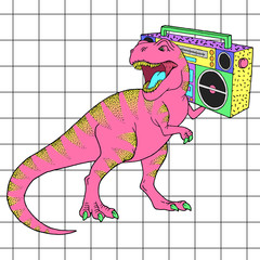 Tyrannosaurus Rex with boombox in retro 80s style. Vector illustration