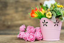 Bouquet Of Flowers In Rosy Decorative Bucket, Note And Space For Text. Happy Valentine's Day Card