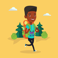 Poster - Man with backpack hiking vector illustration.