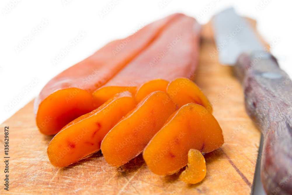Bottarga, dried roe of the mullet, traditional food of Sardinia Stock ...