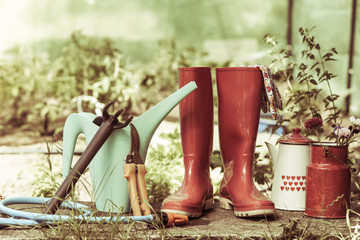 Gardening tools outdoor in garden