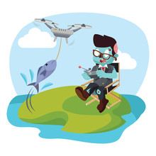 Zombie Businessman Fishing With Drone