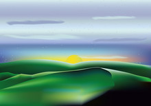 Vector Landscape With Green Hills, Blue Sky, Clouds And Sun