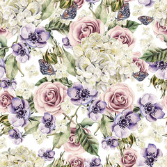 Wall Mural - Bright watercolor seamless pattern with flowers  roses, anemones