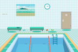 Fototapeta  - Public swimming pool inside with blue water. Flat cartoon vector
