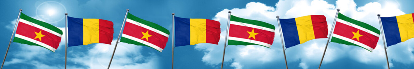 Suriname flag with Romania flag, 3D rendering