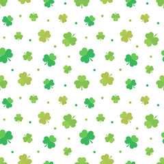 Wall Mural - St.Patrick's Day seamless pattern background with green clover, shamrock and dots.