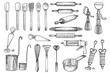 Kitchen, tool, utensil, vector, drawing, engraving, illustration, set, collection