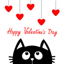 Happy Valentines Day. Black Cat Looking Up To Hanging Red Hearts. Dash Line. Heart Set Cute Cartoon Character. Kawaii Animal. Love Greeting Card. Flat Design Style. White Background. Isolated.