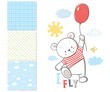 Little Bear is flying in a balloon. Surface pattern and 3 seamle