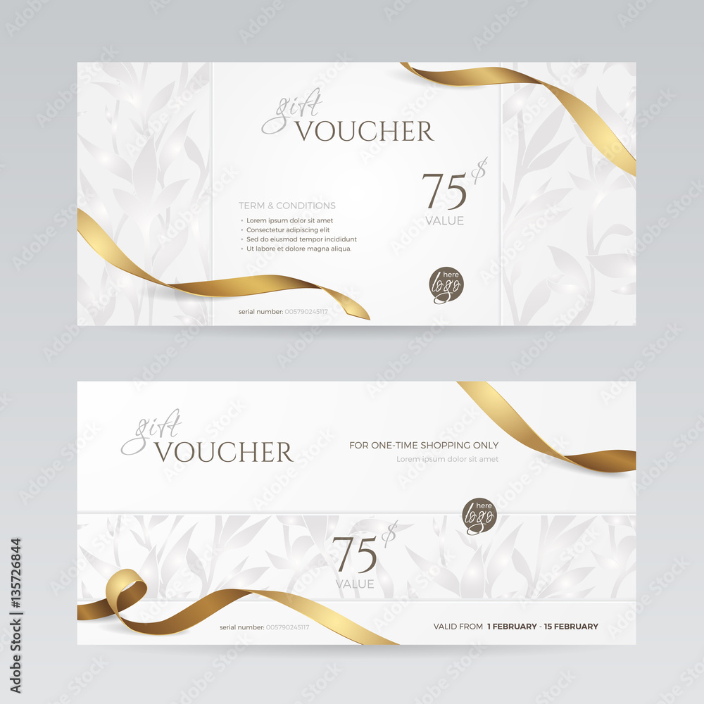 Set of stylish gift voucher with golden ribbon and silver floral pattern. Vector template for gift card, coupon and certificate. Isolated from the background. - obrazy, fototapety, plakaty 
