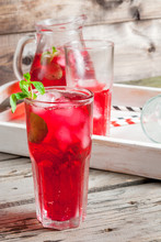 Summer Iced Drink - Tea Or Juice With Ice And Mint. On Rustic Wooden Table, With White Tray, Copy Space