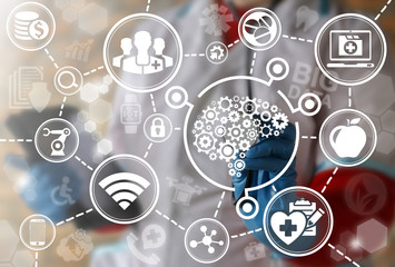 Health care brain gear neurology medicine web development ideas concept. Medical brainstorm idea cogwheel internet smart healthcare intelligence iot engineering smart mobile tablet computer technology