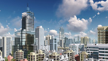 Modern High Rise Buildings Skyscrapers In The Heart Of Abstract City Downtown Against Daytime Sky With Clouds. 3D Illustration.
