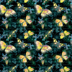 Wall Mural - flowers, glowing butterflies, hand written text note at black background. watercolor. seamless patte