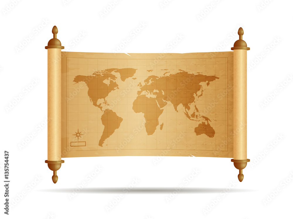 Vintage parchment scroll with world map vector illustration isolated on ...