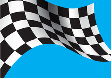 Checkered Flag Flying On Blue Background Vector Illustration.