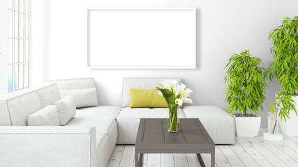 Modern bright interior with empty frame . 3D rendering