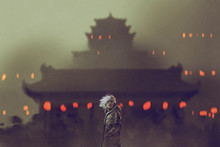 Young Man Standing Against Ancient Temple With Red Lights,illustration Painting